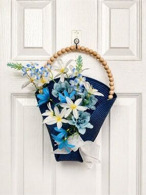 Handmade Navy Blue Hanging Floral Basket with White Bead Handle